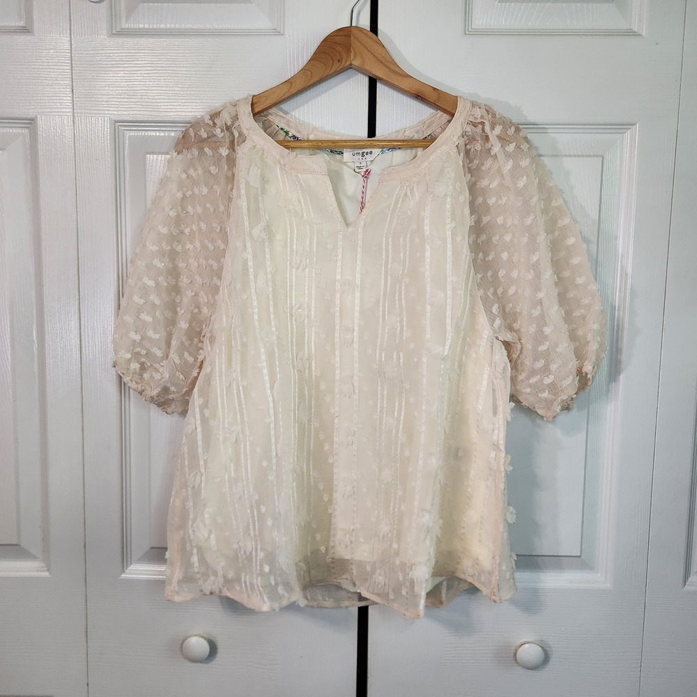 Umgee USA Cream Swiss Dot Puff Sleeve Blouse Small NEW Cottageore Boho Coquette